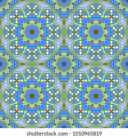 Seamless oriental ornamental pattern. Vector laced decorative background with floral and geometric ornament. Repeating mosaic tiles with mandala. Indian or Arabic motive.