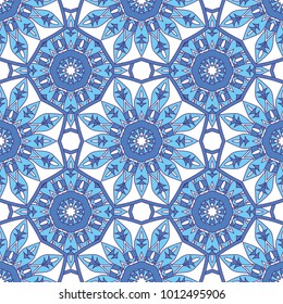 Seamless oriental ornamental pattern. Vector laced decorative background with floral and geometric ornament. Repeating mosaic tiles with mandala. Indian or Arabic motive.