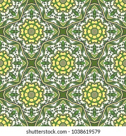 Seamless oriental ornamental pattern. Vector laced decorative background with floral and geometric ornament. Repeating mosaic tiles with mandala. Indian or Arabic motive.