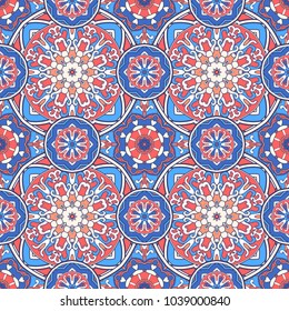 Seamless oriental ornamental pattern. Vector laced decorative background with floral and geometric ornament. Repeating mosaic tiles with mandala. Indian or Arabic motive.