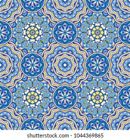 Seamless oriental ornamental pattern. Vector laced decorative background with floral and geometric ornament. Repeating mosaic tiles with mandala. Indian or Arabic motive.