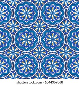 Seamless oriental ornamental pattern. Vector laced decorative background with floral and geometric ornament. Repeating mosaic tiles with mandala. Indian or Arabic motive.