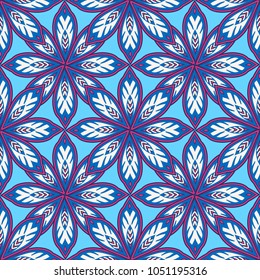 Seamless oriental ornamental pattern. Vector laced decorative background with floral and geometric ornament. Repeating mosaic tiles with mandala. Indian or Arabic motive.
