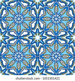 Seamless oriental ornamental pattern. Vector laced decorative background with floral and geometric ornament. Repeating mosaic tiles with mandala. Indian or Arabic motive.