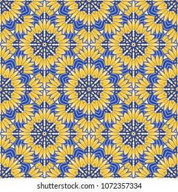 Seamless oriental ornamental pattern. Vector laced decorative background with floral and geometric ornament. Repeating mosaic tiles with mandala. Indian or Arabic motive.