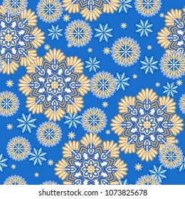 Seamless oriental ornamental pattern. Vector laced decorative background with floral and geometric ornament. Repeating mosaic tiles with mandala. Indian or Arabic motive.