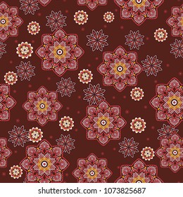 Seamless oriental ornamental pattern. Vector laced decorative background with floral and geometric ornament. Repeating mosaic tiles with mandala. Indian or Arabic motive.