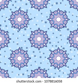 Seamless oriental ornamental pattern. Vector laced decorative background with floral and geometric ornament. Repeating mosaic tiles with mandala. Indian or Arabic motive.