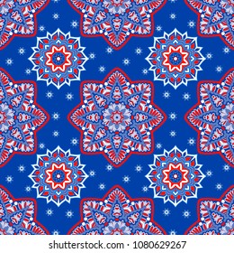 Seamless oriental ornamental pattern. Vector laced decorative background with floral and geometric ornament. Repeating mosaic tiles with mandala. Indian or Arabic motive.