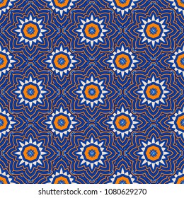 Seamless oriental ornamental pattern. Vector laced decorative background with floral and geometric ornament. Repeating mosaic tiles with mandala. Indian or Arabic motive.