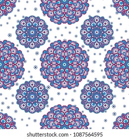 Seamless oriental ornamental pattern. Vector laced decorative background with floral and geometric ornament. Repeating mosaic tiles with mandala. Indian or Arabic motive.
