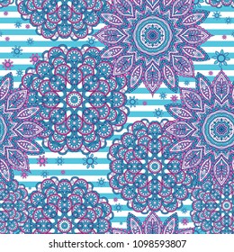Seamless oriental ornamental pattern. Vector laced decorative background with floral and geometric ornament. Repeating striped tiles with mandala. Indian or Arabic motive.