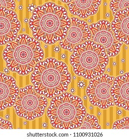 Seamless oriental ornamental pattern. Vector laced decorative background with floral and geometric ornament. Repeating striped tiles with mandala. Indian or Arabic motive.