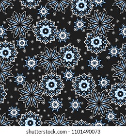 Patrón ornamental oriental sin igual. Fondo decorativo con adornos florales y geométricos. Repetidas baldosas a rayas con mandala. Motivo indio o árabe.