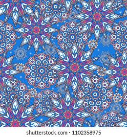 Seamless oriental ornamental pattern. Vector laced decorative background with floral and geometric ornament. Repeating mosaic tiles with mandala. Indian or Arabic motive.