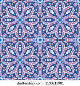 Seamless oriental ornamental pattern. Vector laced decorative background with floral and geometric ornament. Repeating tiles with mandala. Indian or Arabic motive.