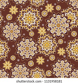 Seamless oriental ornamental pattern. Vector laced decorative background with floral and geometric ornament. Repeating tiles with mandala. Indian or Arabic motive.