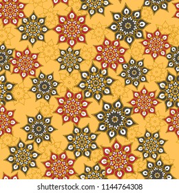 Seamless oriental ornamental pattern. Vector laced decorative background with round floral and geometric ornament. Repeating tiles with mandala. Indian or Arabic motive.