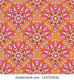 Seamless oriental ornamental pattern. Vector laced decorative background with round floral and geometric ornament. Repeating tiles with mandala. Indian or Arabic motive.