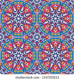 Seamless oriental ornamental pattern. Vector laced decorative background with round floral and geometric ornament. Repeating tiles with mandala. Indian or Arabic motive.