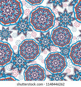 Seamless oriental ornamental pattern. Vector laced decorative background with round floral and geometric ornament. Repeating tiles with mandala. Indian or Arabic motive.