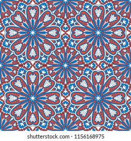 Seamless oriental ornamental pattern. Vector laced decorative background with round floral and geometric ornament. Repeating mosaic tiles with mandala. Indian or Arabic motive.