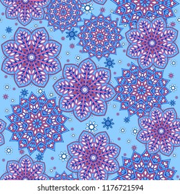 Seamless oriental ornamental pattern. Vector laced decorative background with round floral and geometric ornament. Repeating mosaic tiles with mandala. Indian or Arabic motive.