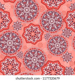 Seamless oriental ornamental pattern. Vector laced decorative background with round floral and geometric ornament. Repeating mosaic tiles with mandala. Indian or Arabic motive.