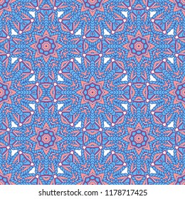 Seamless oriental ornamental pattern. Vector laced decorative background with round floral and geometric ornament. Repeating mosaic tiles with mandala. Indian or Arabic motive.