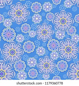 Seamless oriental ornamental pattern. Vector laced decorative background with round floral and geometric ornament. Repeating mosaic tiles with mandala. Indian or Arabic motive.