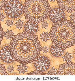 Seamless oriental ornamental pattern. Vector laced decorative background with round floral and geometric ornament. Repeating mosaic tiles with mandala. Indian or Arabic motive.