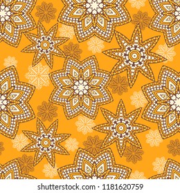 Seamless oriental ornamental pattern. Vector laced decorative background with round floral and geometric ornament. Repeating mosaic tiles with mandala. Indian or Arabic motive.