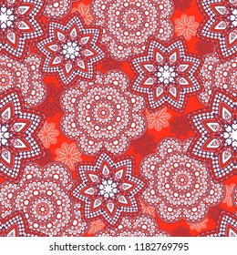 Seamless oriental ornamental pattern. Vector laced decorative background with round floral and geometric ornament. Repeating mosaic tiles with mandala. Indian or Arabic motive.