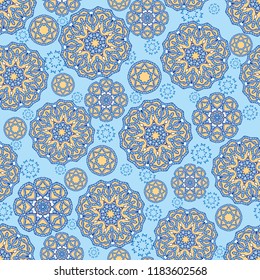 Seamless oriental ornamental pattern. Vector laced decorative background with round floral and geometric ornament. Repeating mosaic tiles with mandala. Indian or Arabic motive.