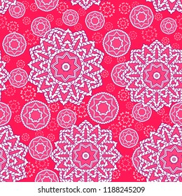 Seamless oriental ornamental pattern. Vector laced decorative background with round floral and geometric ornament. Repeating mosaic tiles with mandala. Indian or Arabic motive.