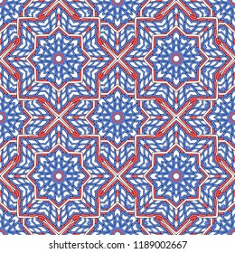 Seamless oriental ornamental pattern. Vector laced decorative background with round floral and geometric ornament. Repeating mosaic tiles with mandala. Indian or Arabic motive.