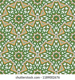 Seamless oriental ornamental pattern. Vector laced decorative background with round floral and geometric ornament. Repeating mosaic tiles with mandala. Indian or Arabic motive.