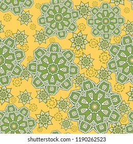 Seamless oriental ornamental pattern. Vector laced decorative background with round floral and geometric ornament. Repeating mosaic tiles with mandala. Indian or Arabic motive.