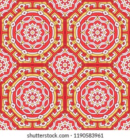 Seamless oriental ornamental pattern. Vector laced decorative background with round floral and geometric ornament. Repeating mosaic tiles with mandala. Indian or Arabic motive.