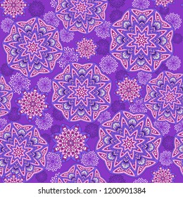 Seamless oriental ornamental pattern. Vector laced decorative background with round floral and geometric ornament. Repeating mosaic tiles with mandala. Indian or Arabic motive.