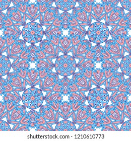 Seamless oriental ornamental pattern. Vector laced decorative background with round floral and geometric ornament. Repeating mosaic tiles with mandala. Indian or Arabic motive.
