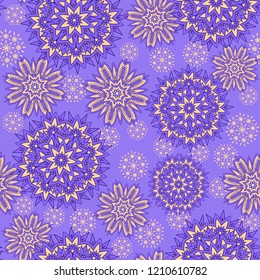 Seamless oriental ornamental pattern. Vector laced decorative background with round floral and geometric ornament. Repeating mosaic tiles with mandala. Indian or Arabic motive.
