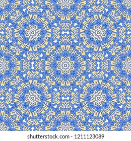 Seamless oriental ornamental pattern. Vector laced decorative background with round floral and geometric ornament. Repeating mosaic tiles with mandala. Indian or Arabic motive.