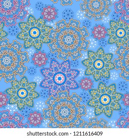 Seamless oriental ornamental pattern. Vector laced decorative background with round floral and geometric ornament. Repeating mosaic tiles with mandala. Indian or Arabic motive.
