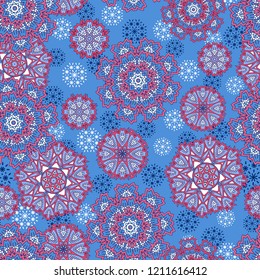 Seamless oriental ornamental pattern. Vector laced decorative background with round floral and geometric ornament. Repeating mosaic tiles with mandala. Indian or Arabic motive.