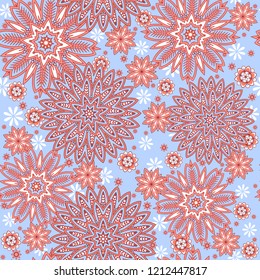 Seamless oriental ornamental pattern. Vector laced decorative background with round floral and geometric ornament. Repeating mosaic tiles with mandala. Indian or Arabic motive.