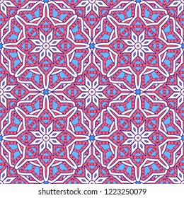 Seamless oriental ornamental pattern. Vector laced decorative background with round floral and geometric ornament. Repeating mosaic tiles with mandala. Indian or Arabic motive.