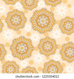 Seamless oriental ornamental pattern. Vector laced decorative background with round floral and geometric ornament. Repeating mosaic tiles with mandala. Indian or Arabic motive.
