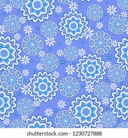 Seamless oriental ornamental pattern. Vector laced decorative background with round floral and geometric ornament. Repeating mosaic tiles with mandala. Indian or Arabic motive.