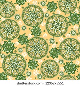 Seamless oriental ornamental pattern. Vector laced decorative background with round floral and geometric ornament. Repeating mosaic tiles with mandala. Indian or Arabic motive.
